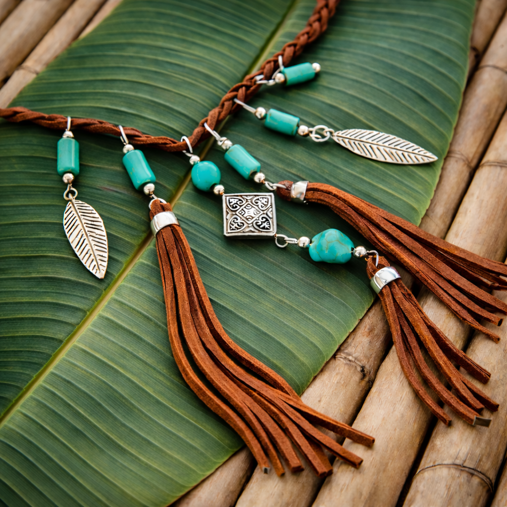 Boho tassel necklace with turquoise-look bead accents and silver-tone leaf charms displayed on green leaves