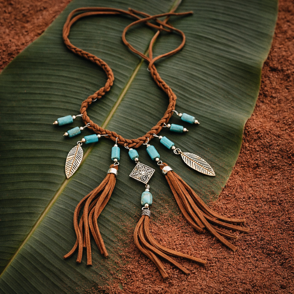 Front view of a brown braided boho necklace with turquoise-look beads, three tassels and silver-tone charms. Bali-inspired festival accesorries