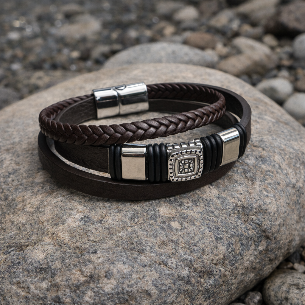 men’s bracelet black and brown layered wristband close up