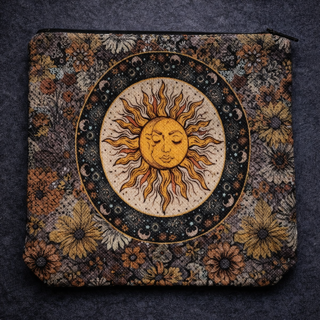 Zippered pouch with a central sun face, moon-phase border and mustard, rust and cream floral print, linen look fabric