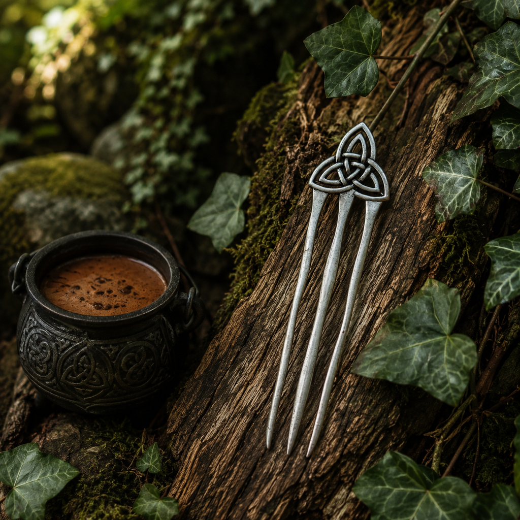 Celtic Triquetra silver-tone hair pin displayed on an ivy-covered tree in a woodland setting.