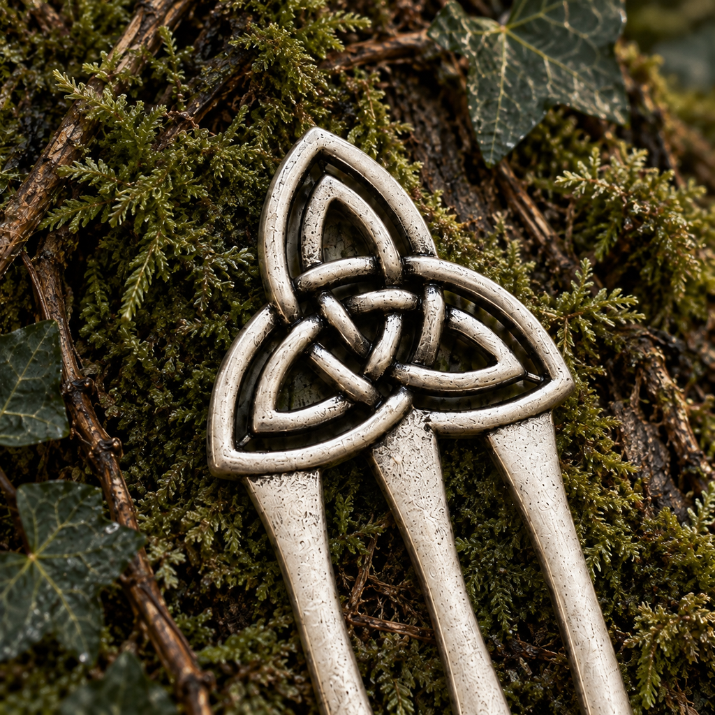 Close-up of antique silver-tone Triquetra Celtic knot design on a three-prong hair pin.