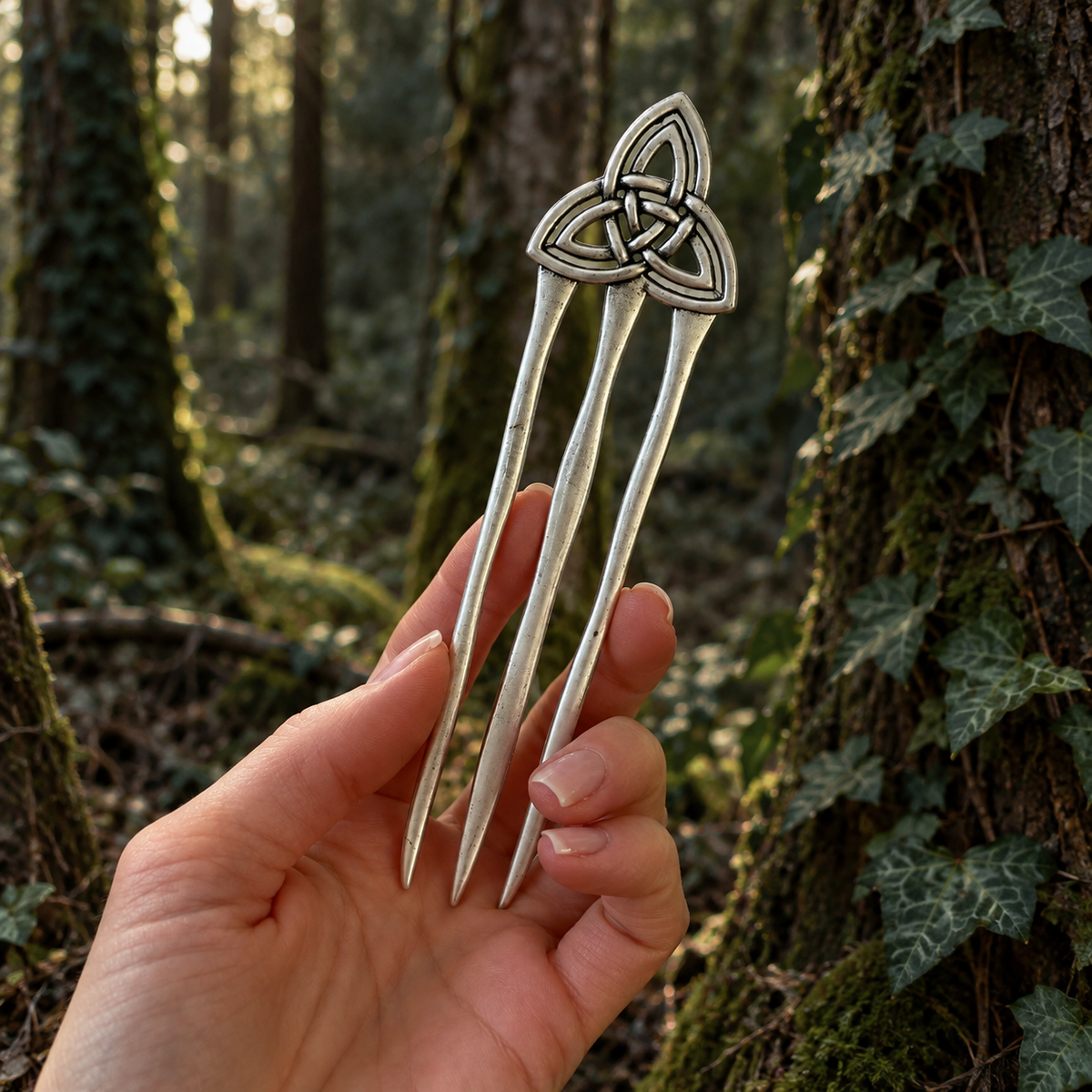 Silver-tone Celtic Triquetra three-prong hair pin held by hand in a woodland setting.
