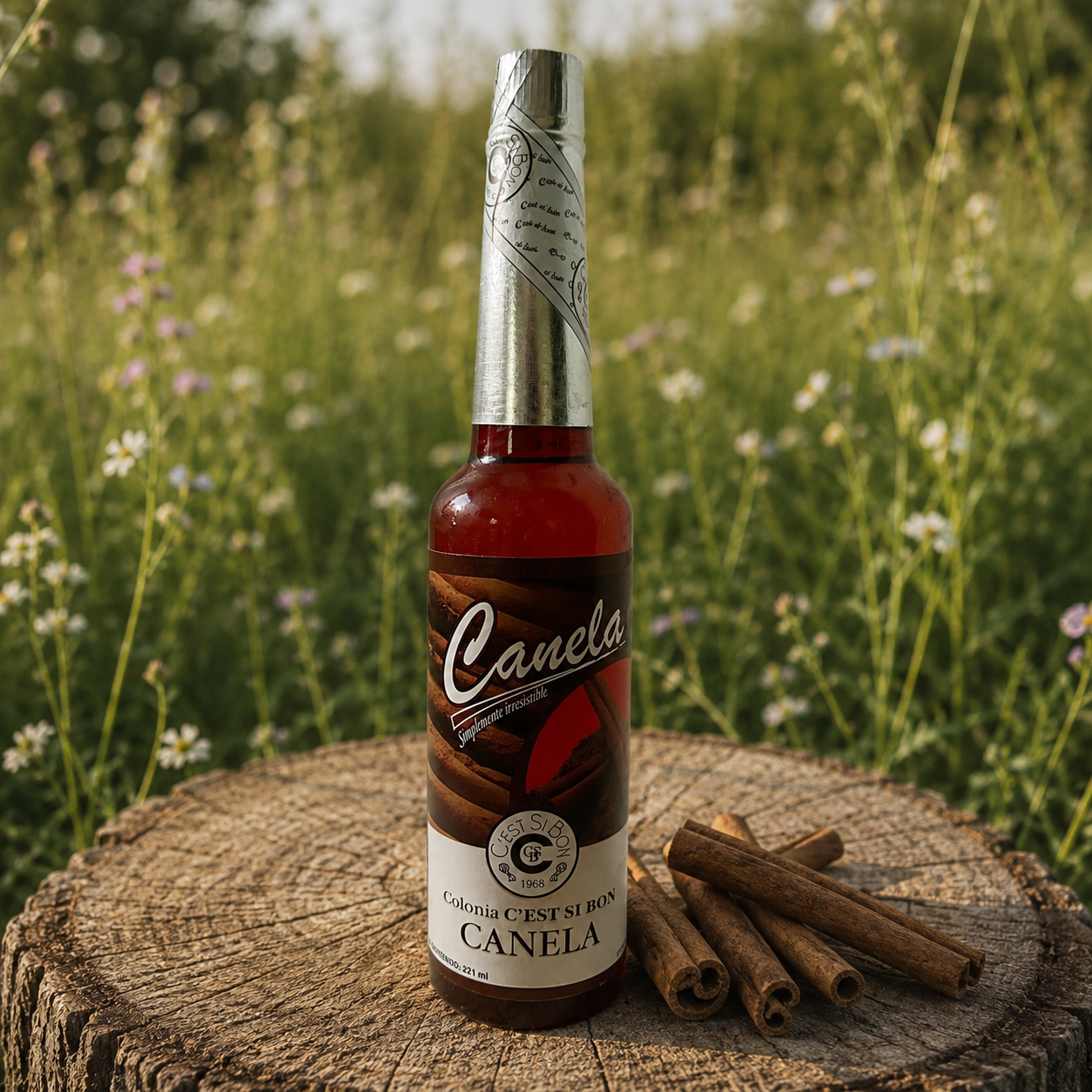 Bottle of C’est Si Bon Canela cinnamon cologne displayed on a natural tree stump with cinnamon sticks in a meadow.