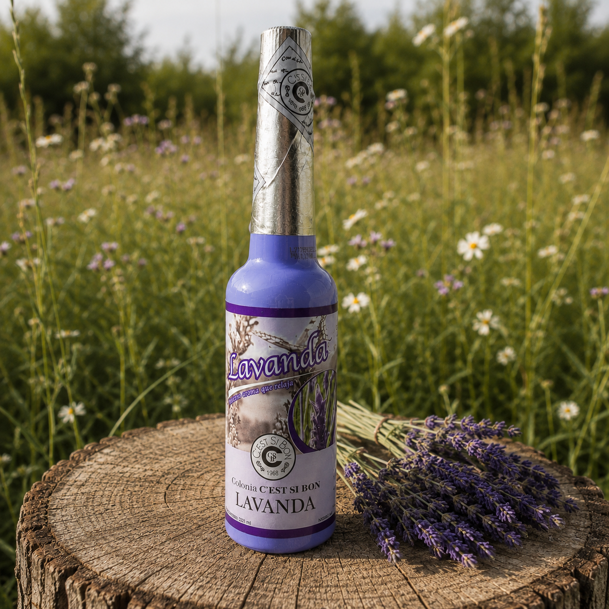 Bottle of C’est Si Bon Lavanda lavender cologne displayed on a natural tree stump with fresh lavender stems in a meadow.