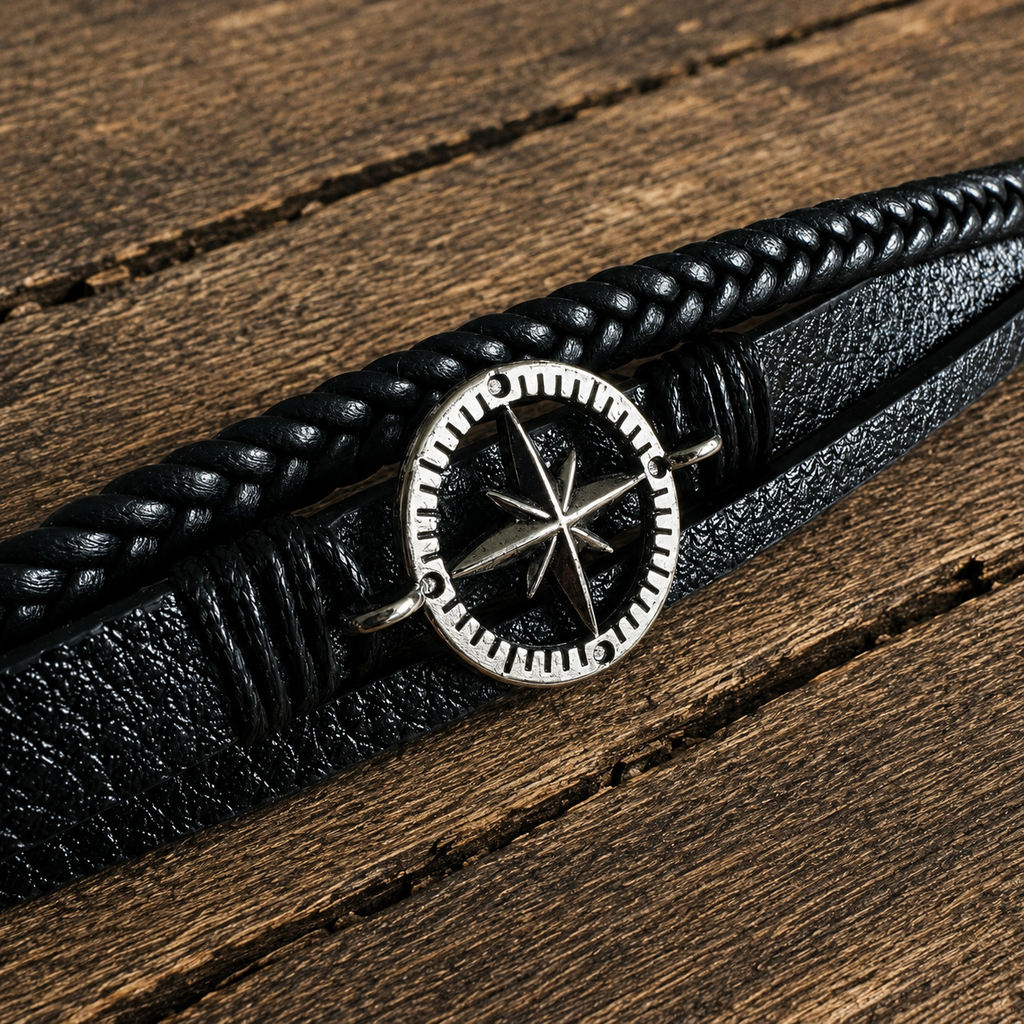 Close-up of a nordic style black leather bracelet featuring a metal compass charm and braided leather details.