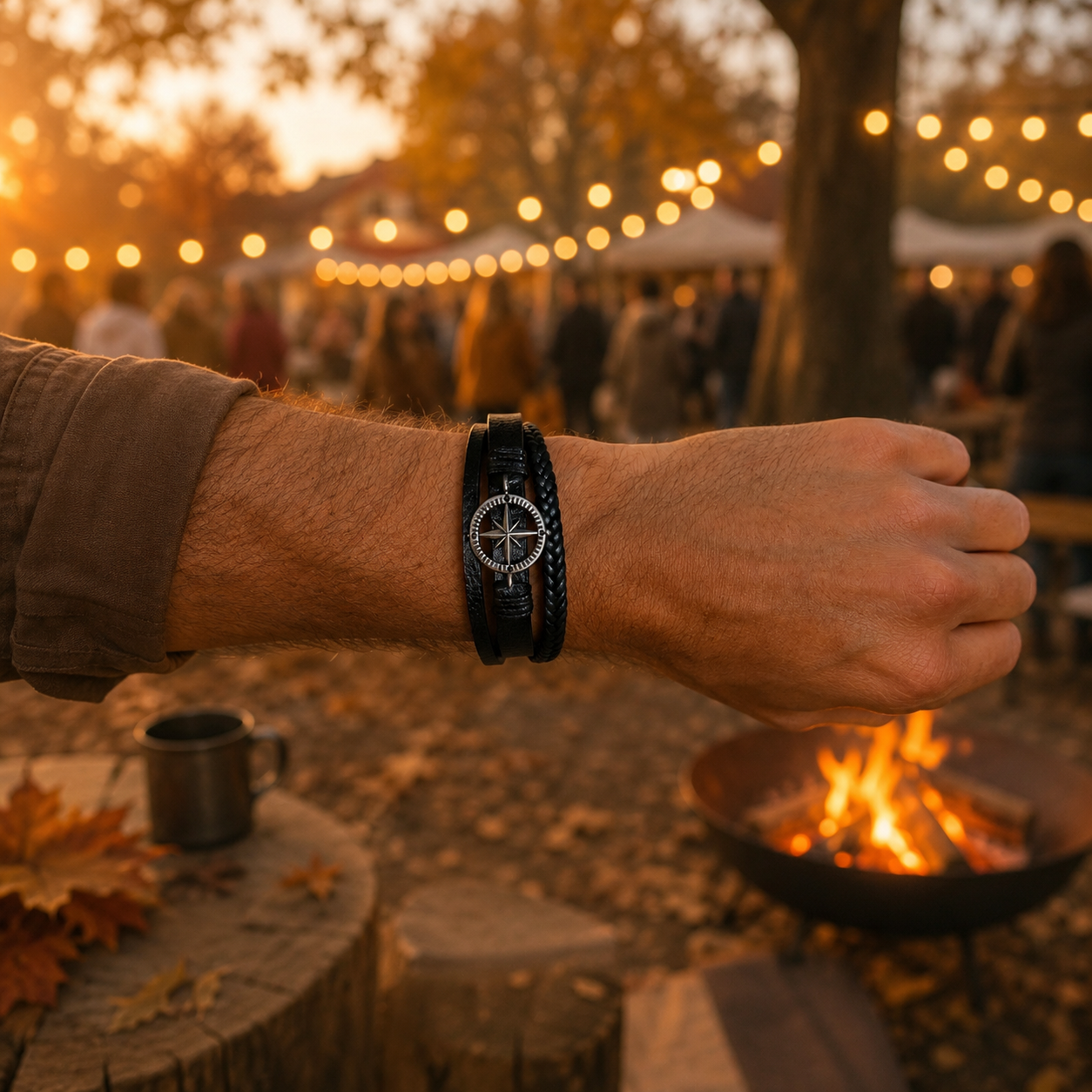 Man wearing a black braided leather bracelet with a metal compass charm at an outdoor gathering.