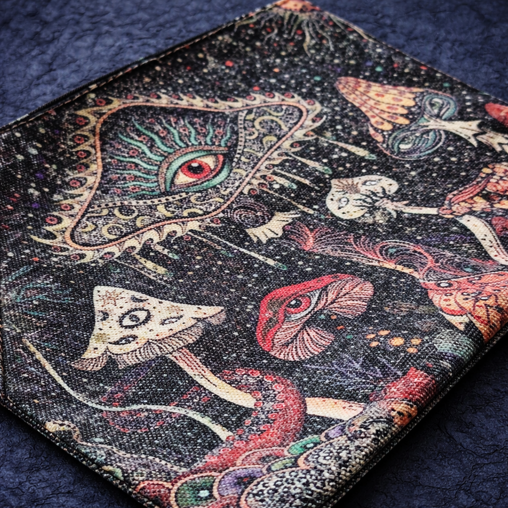 Close-up of a zippered pouch with colourful cosmic mushroom illustrations and an all-seeing-eye motif