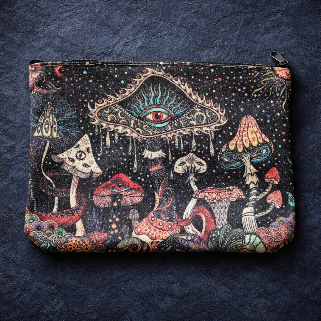 Zippered pouch with colourful mushroom illustrations, starry details and an all-seeing-eye motif
