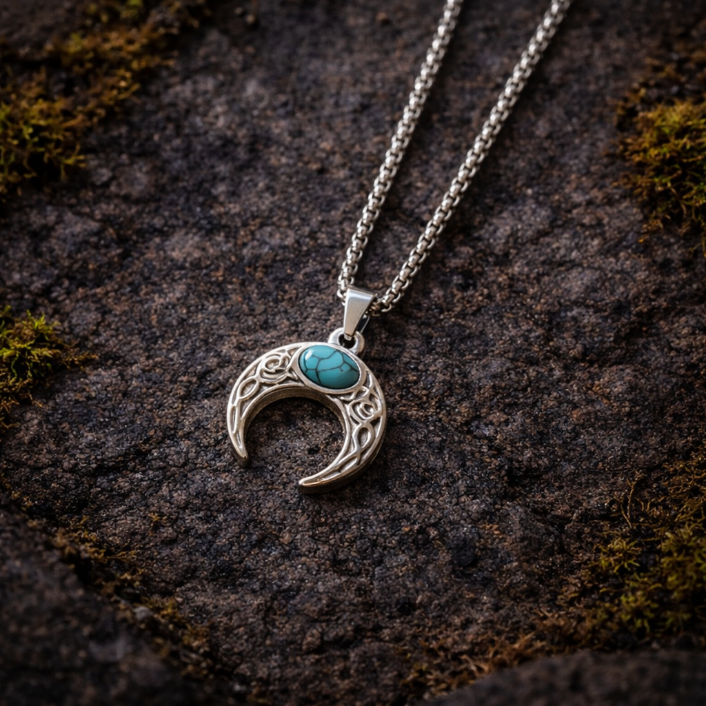 Close-up of a silver-tone crescent moon pendant necklace with a turquoise-look stone and decorative metalwork