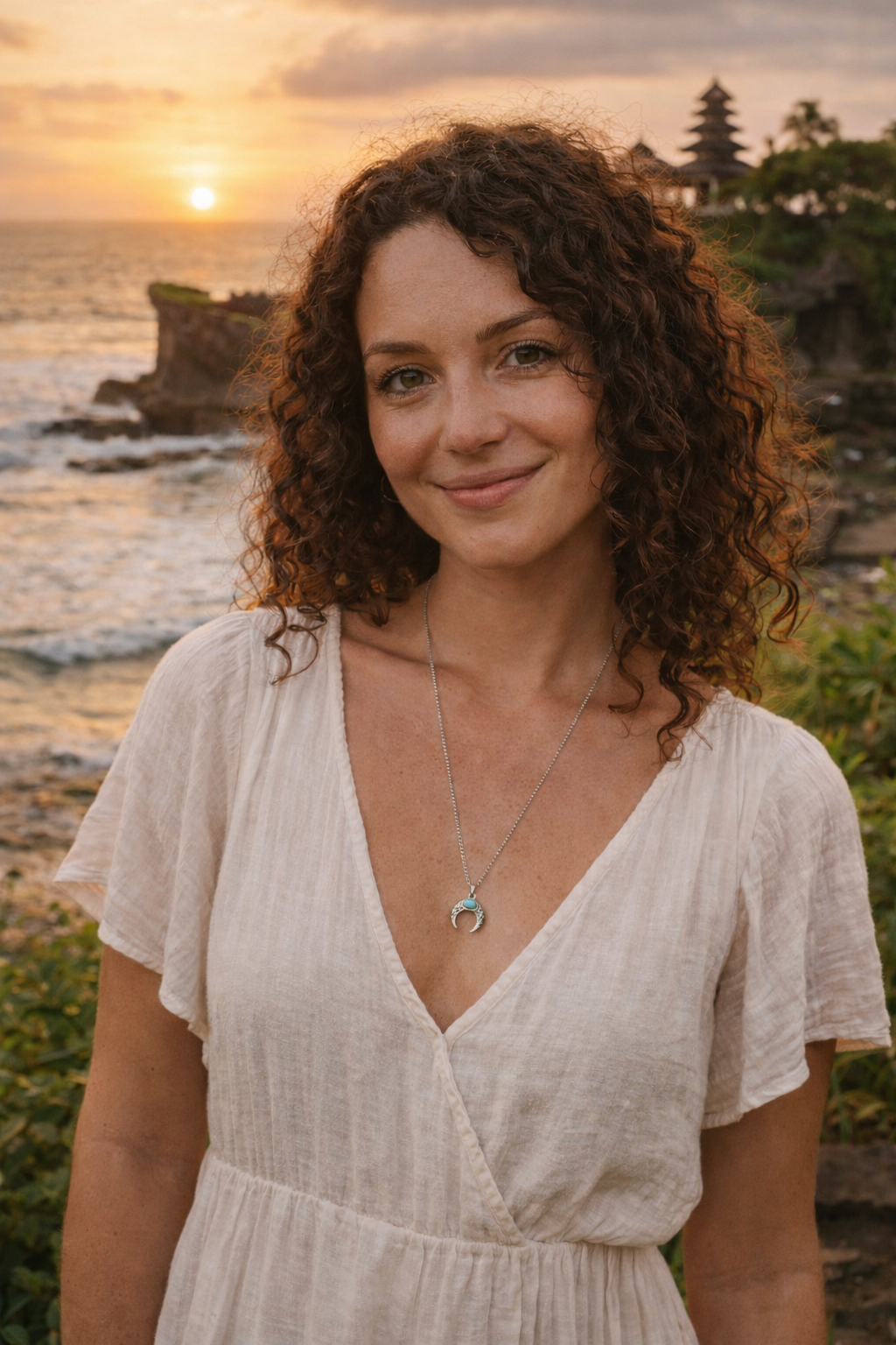 Model wearing a silver-tone crescent moon pendant necklace with a turquoise-look stone in a Bali Seminyak background