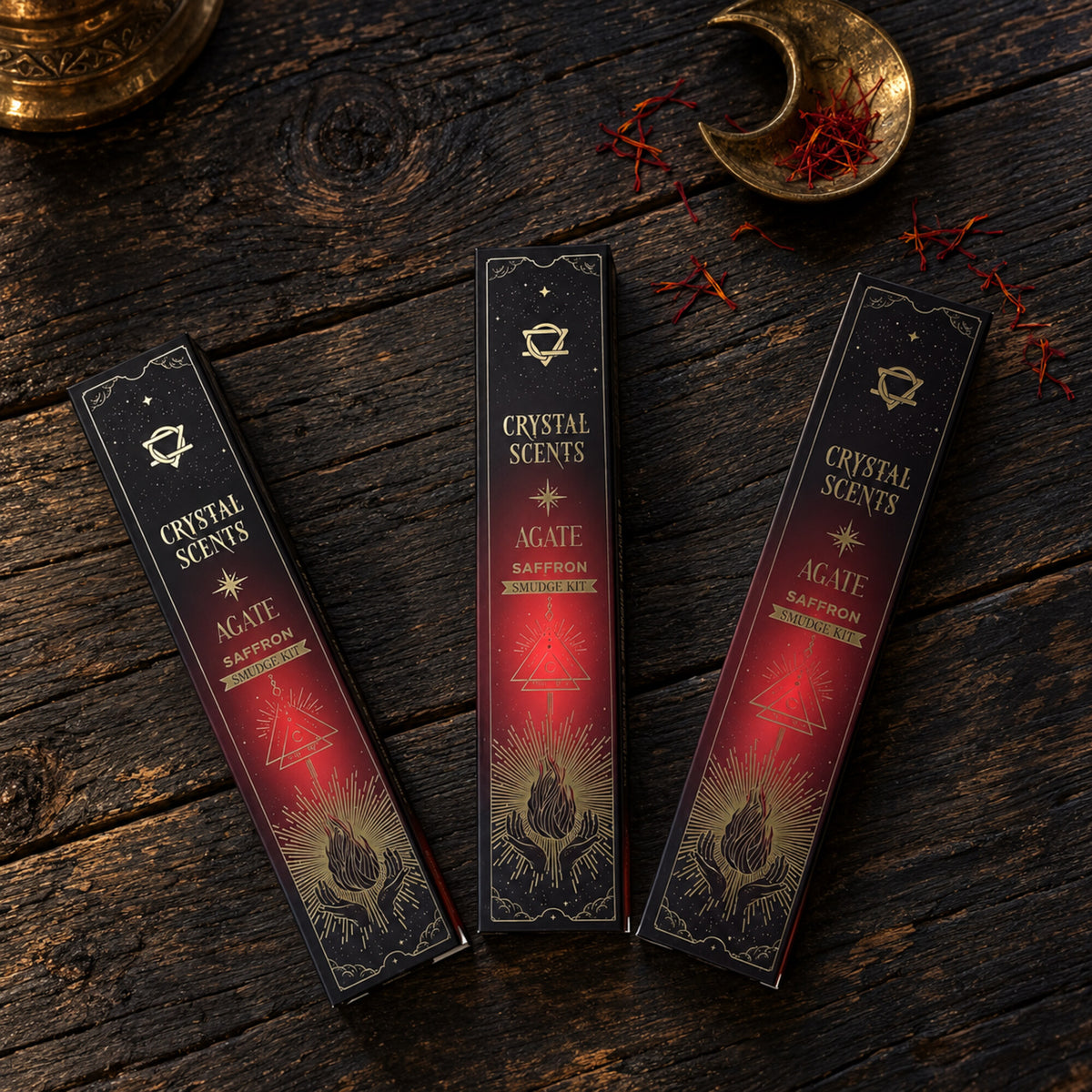 Crystal Scents Agate Saffron smudge incense kits displayed with saffron and celestial decor