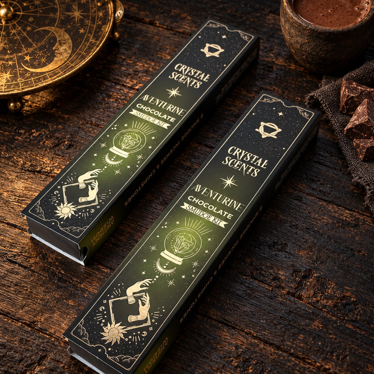 Crystal Scents Aventurine Chocolate Smudge Kit boxes displayed on dark wooden surface with celestial decor