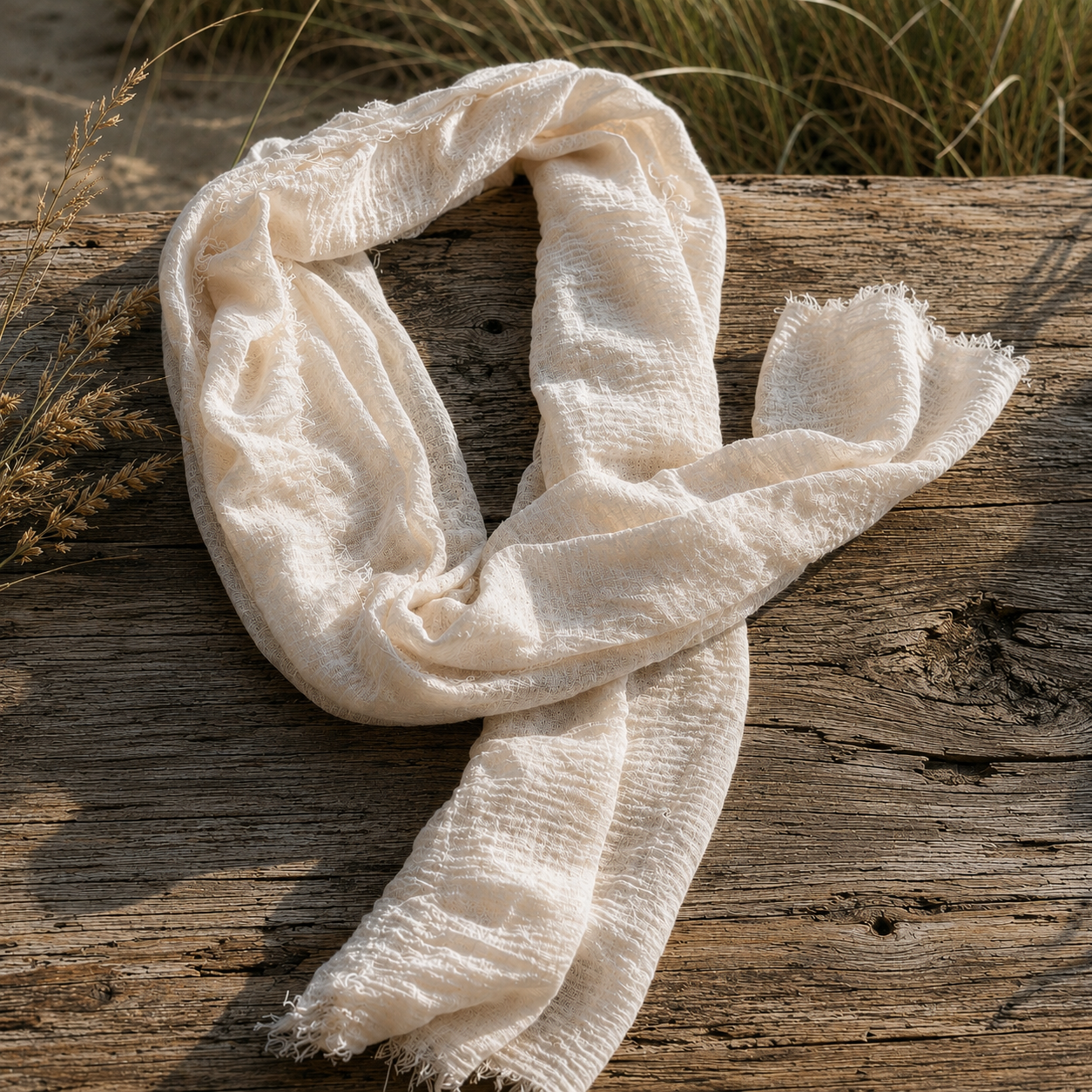 Ivory lightweight linen blend scarf with textured weave displayed on rustic wood.