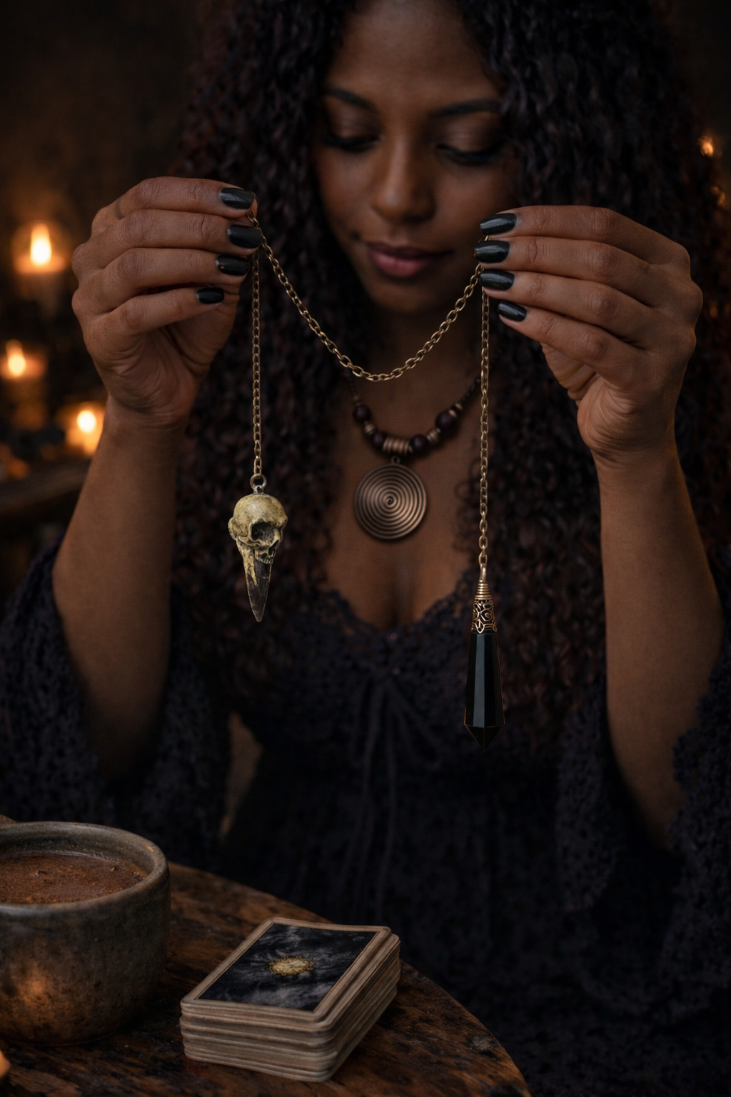 Divination pendulum shown with a skull detail and black faceted pendant on gold-tone chain