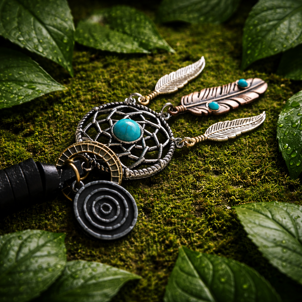 Close-up of a dreamcatcher-style keychain with a turquoise-look centre, feather charms, spiral charm and leather-look loop. Boho style