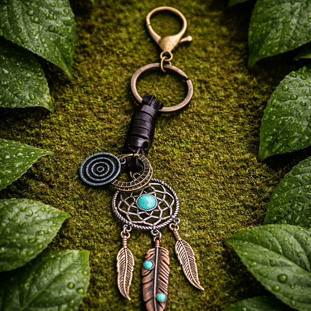 Full dreamcatcher-style keychain with a turquoise-look centre, three feather charms, spiral charm and metal key ring, boho style
