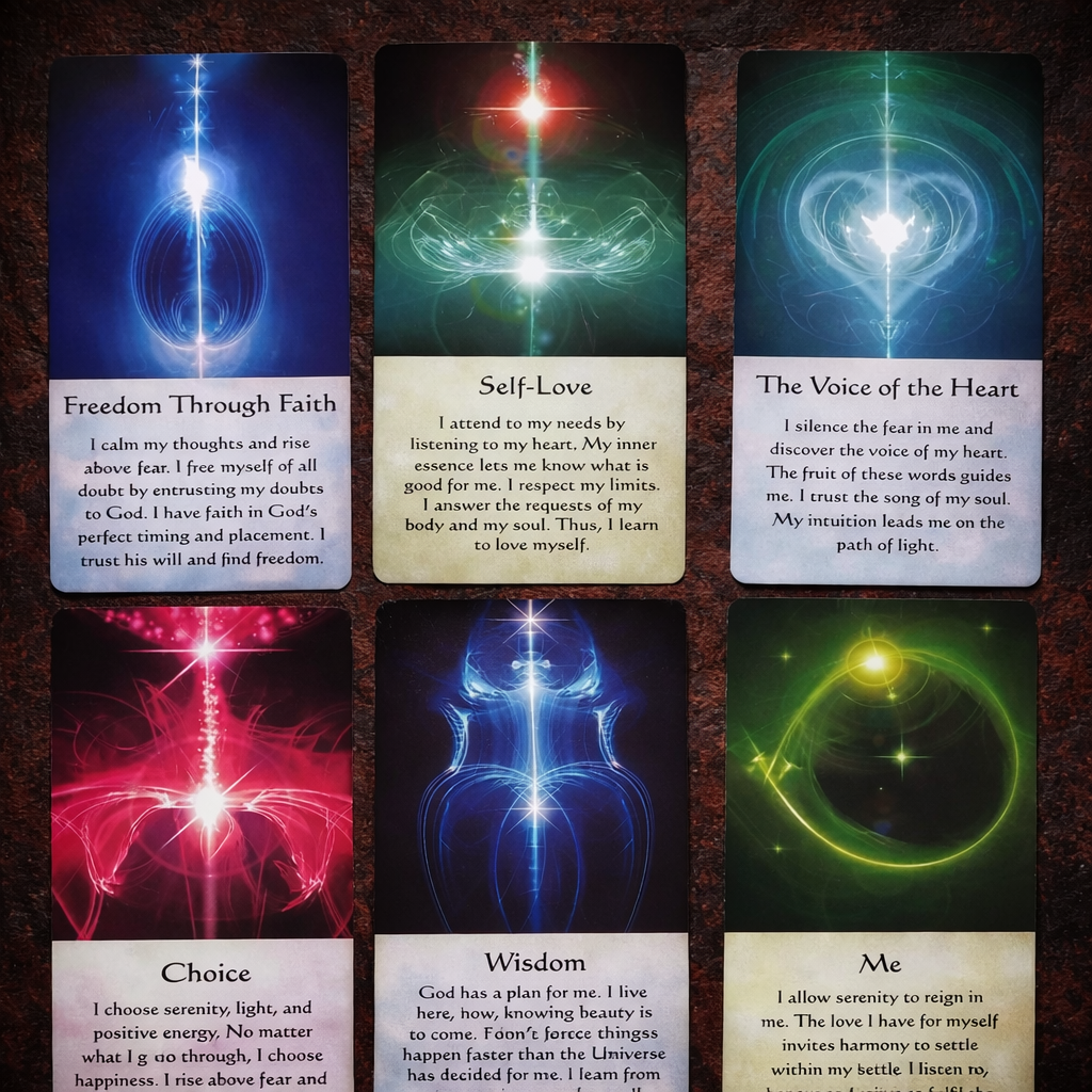 Six Healing Energy Oracle cards by Mario Duguay displayed in a grid, including Self-Love, Wisdom and Choice