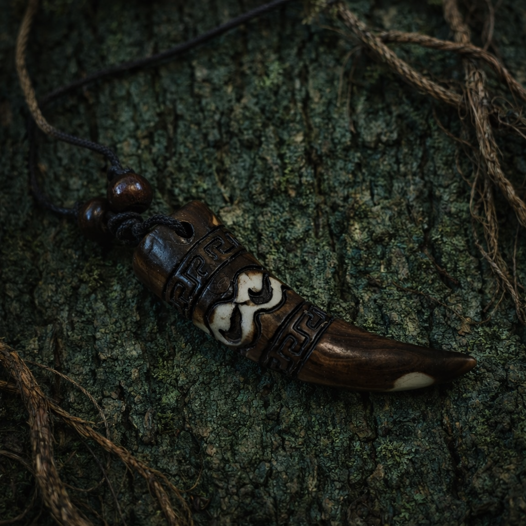 Close-up of a curved brown fang-look pendant with dark geometric bands and brown beads