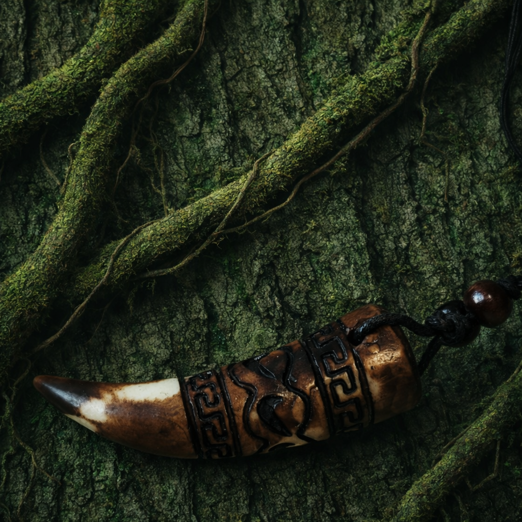 Side view of a brown fang-look pendant necklace with dark geometric details and a braided black cord