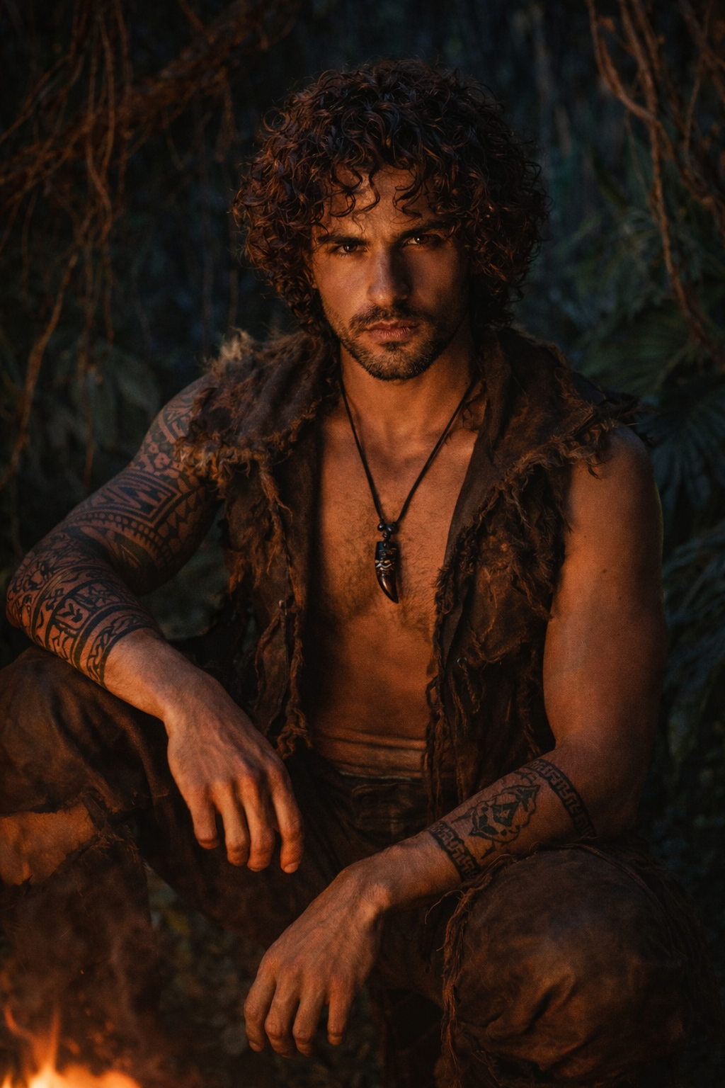 Model wearing a brown fang-look pendant necklace with dark geometric bands on a black cord in Jungle background