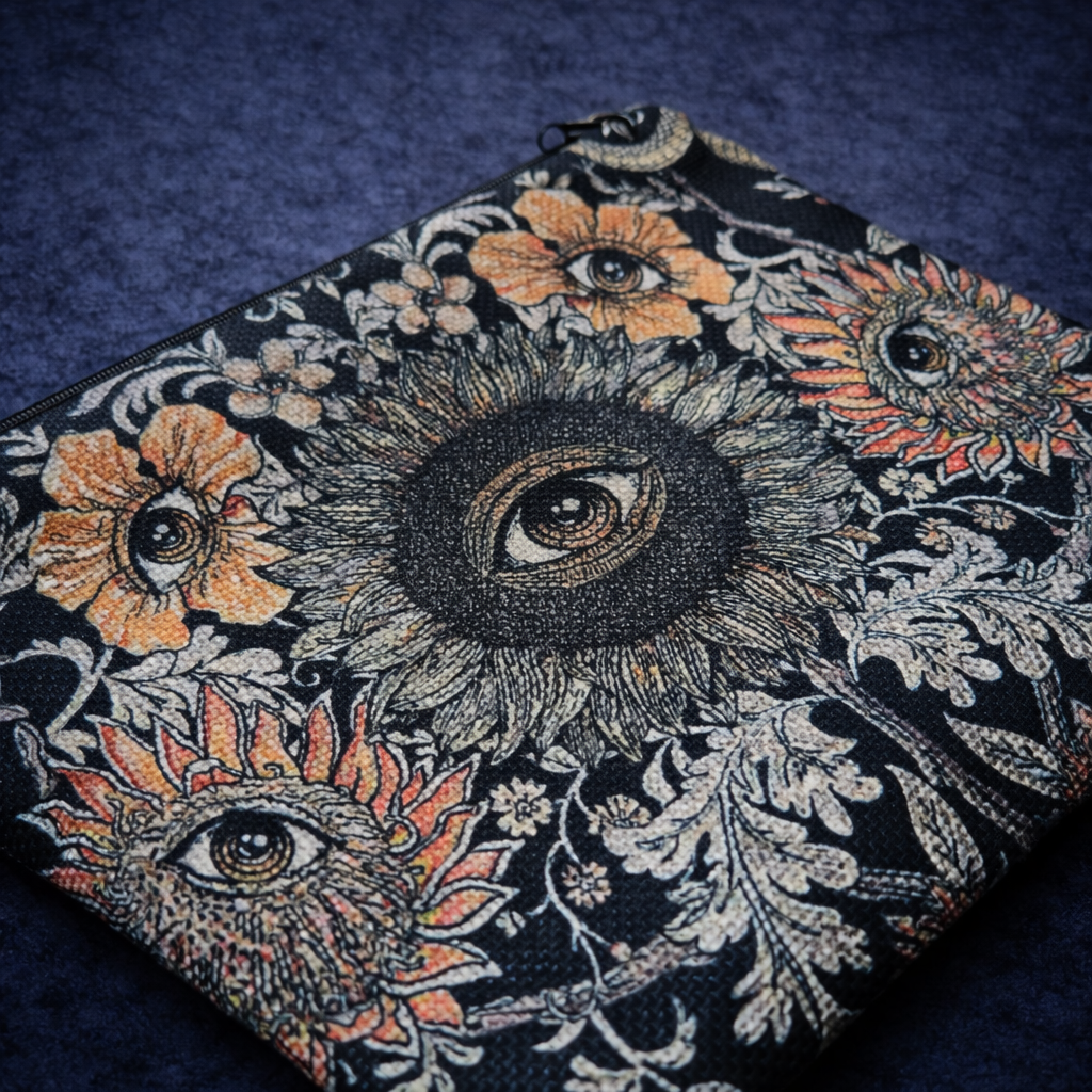 Close-up of a black zippered pouch with a central eye motif surrounded by illustrated flowers and leaves