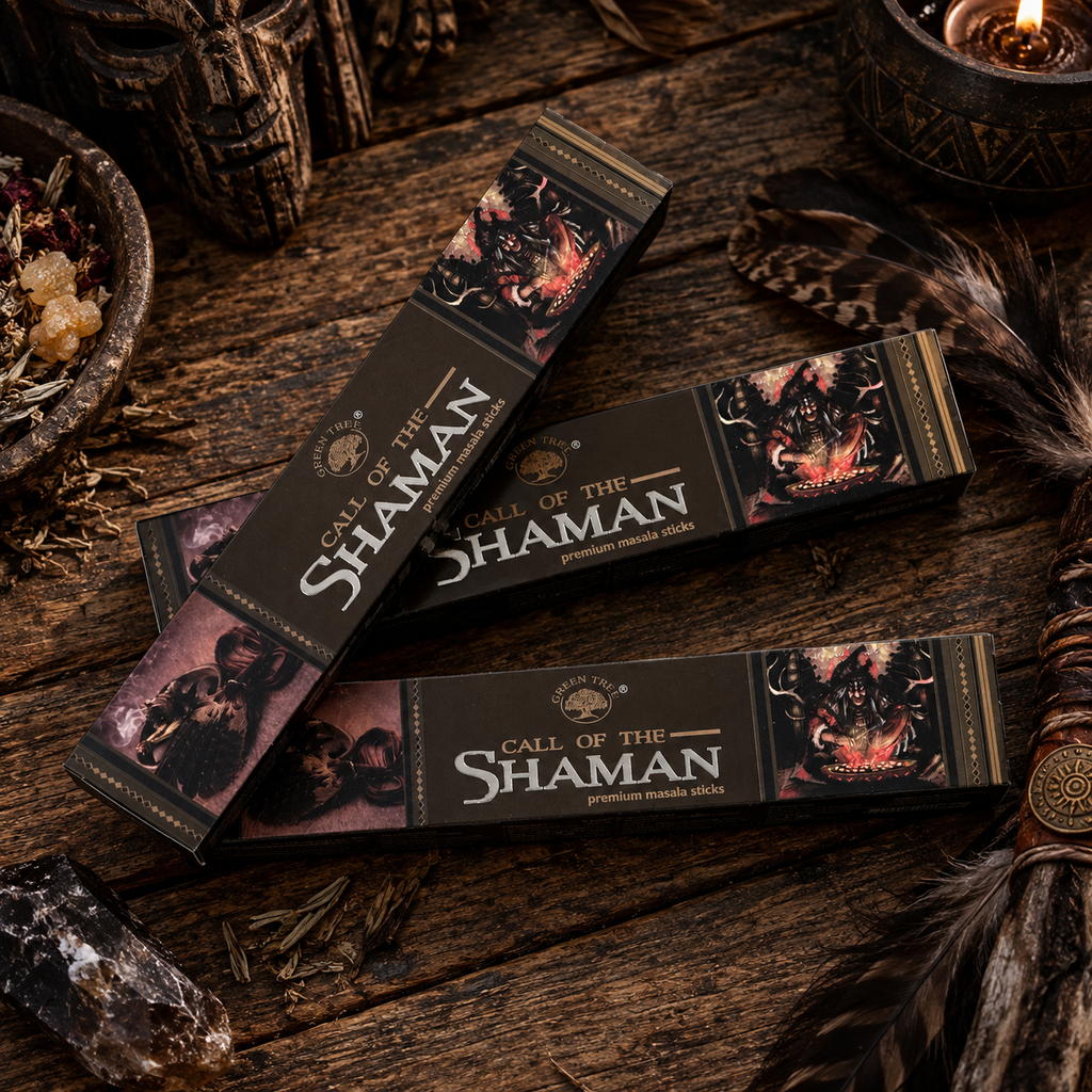 Green Tree Call of the Shaman premium masala incense boxes styled on dark rustic wood with herbs, feathers and ritual-inspired decor.