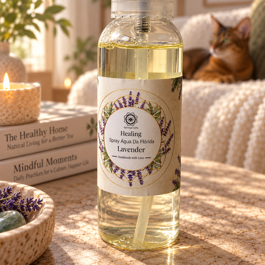 Green Tree Lavender Florida Water Spray 100 ml bottle close-up in a softly styled home setting.