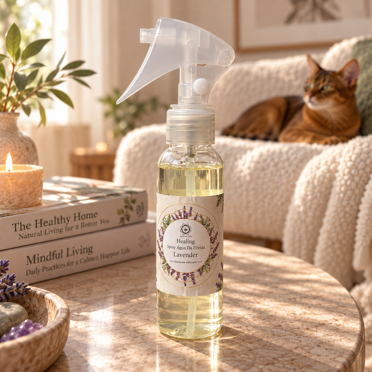 Green Tree Lavender Florida Water Spray 100 ml with fine mist trigger in a warm home interior.