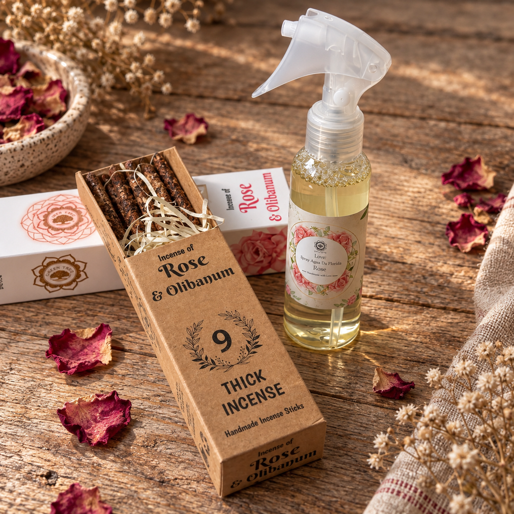 Green Tree Rose Florida Water and handmade Rose and Olibanum thick incense set displayed on rustic wood with dried roses