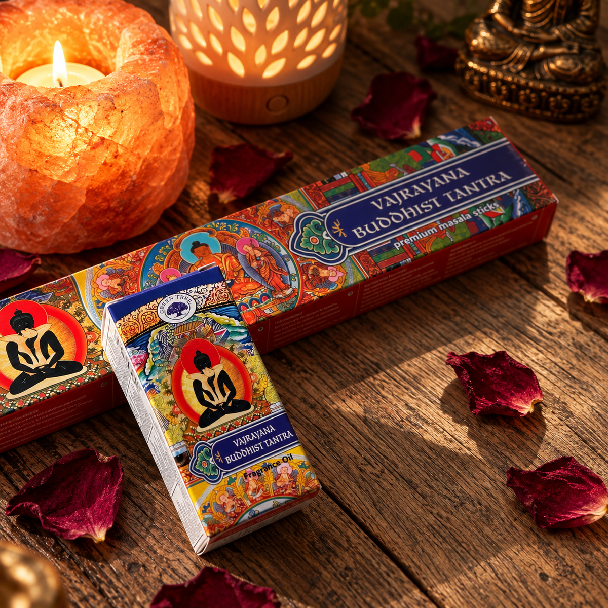 Green Tree Vajrayana Buddhist Tantra incense and matching fragrance oil set styled with candle, diffuser and rose petals