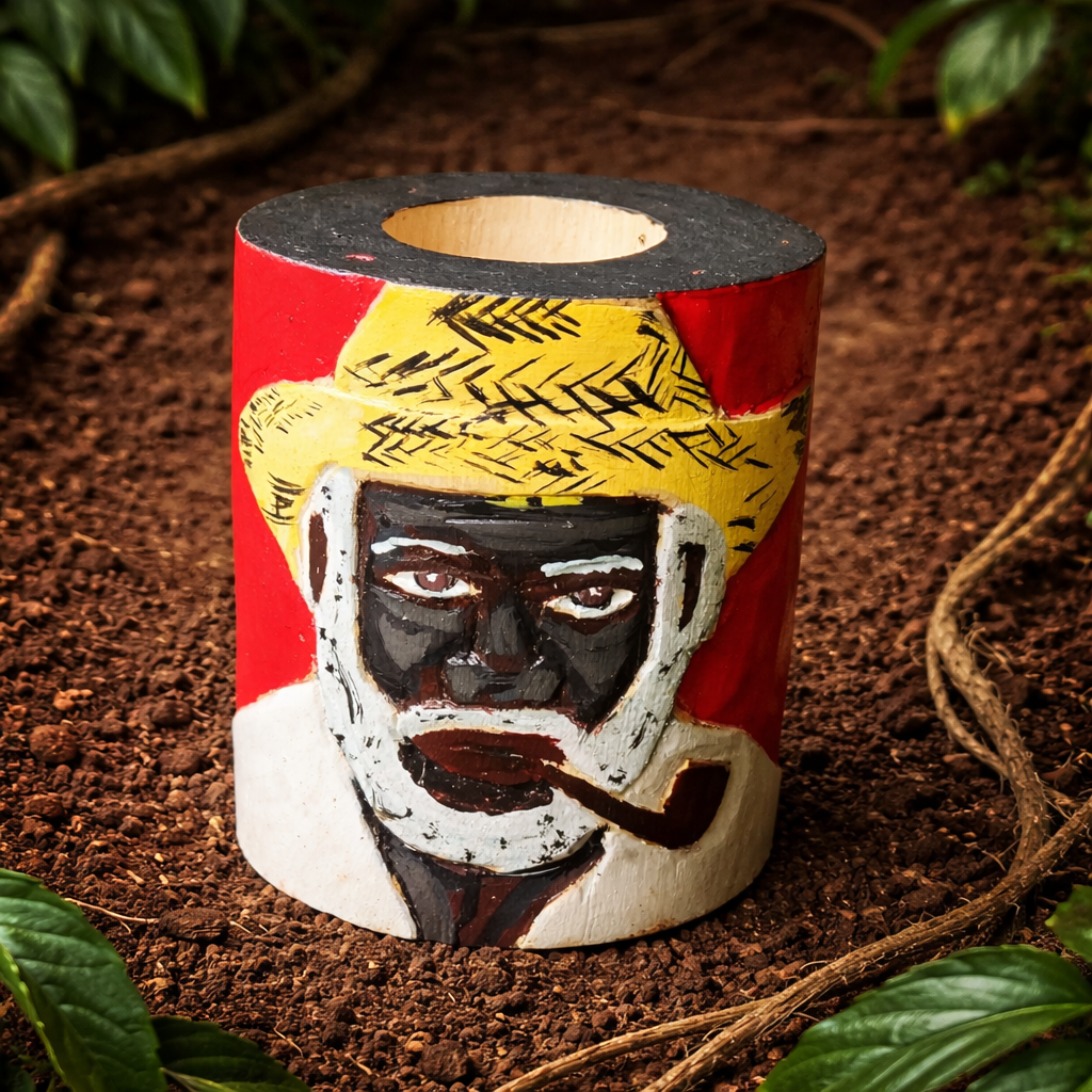 Hand-painted wooden pipe with a red, yellow and black decorative face design