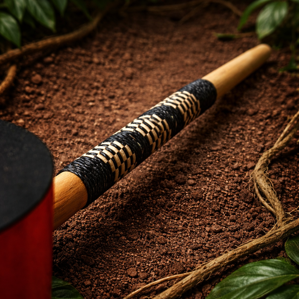 Wooden pipe with a black-and-natural woven handle detail