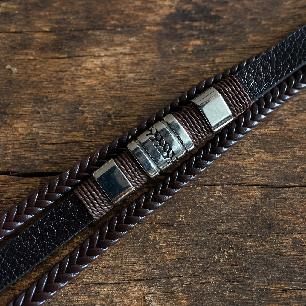 Close-up of a handcrafted dark brown leather bracelet with braided leather and metal accents on a wooden surface