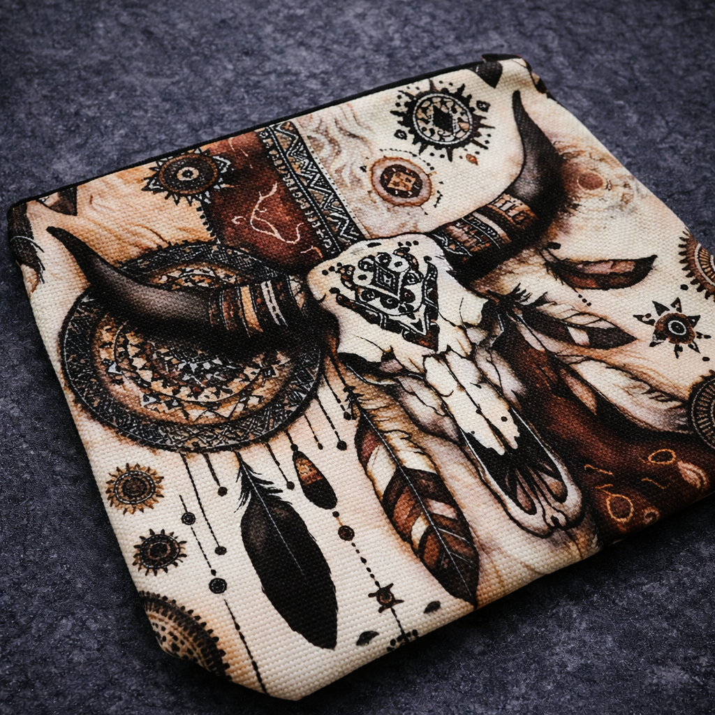 Close-up of a zippered pouch with a horned skull, feather, dreamcatcher-style and sun-symbol print, linen look fabric
