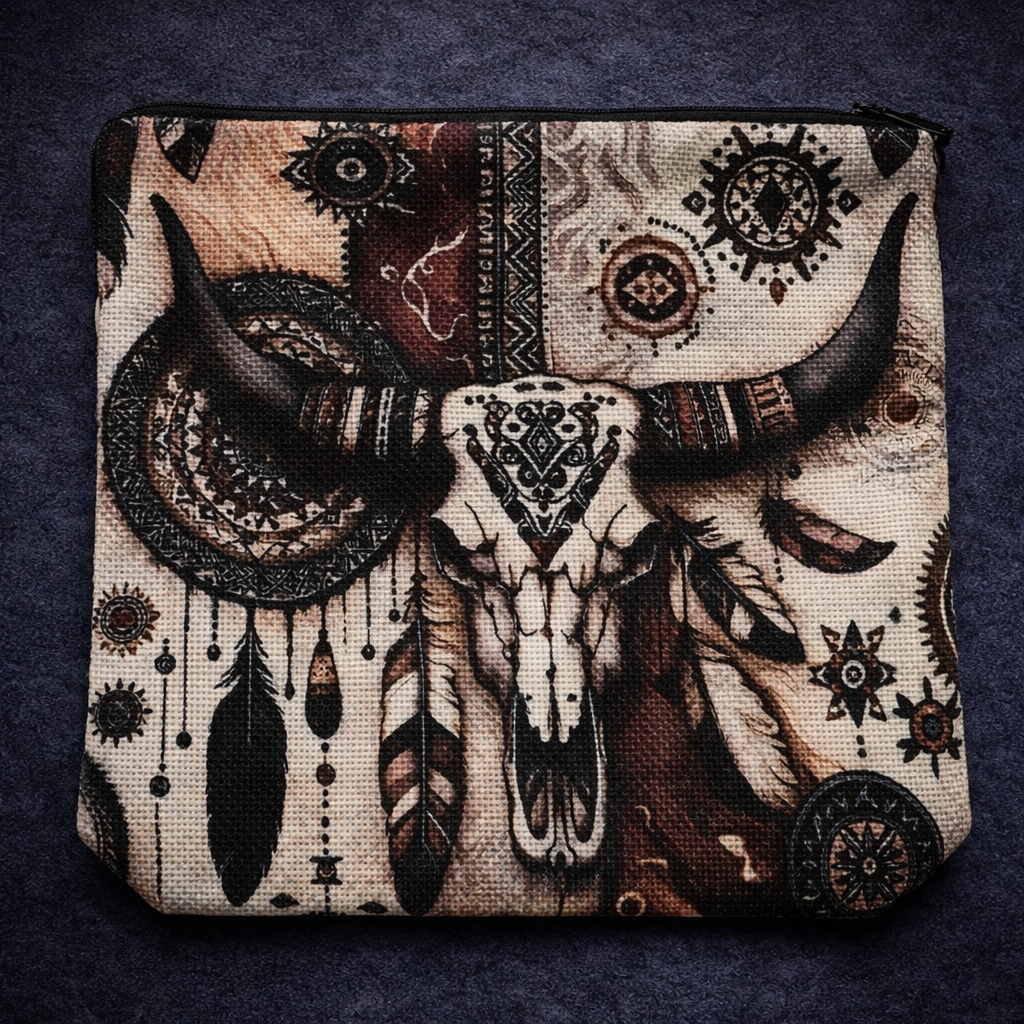 Cream and brown zippered pouch with a horned skull, feathers and decorative sun-symbol print, linen look fabric