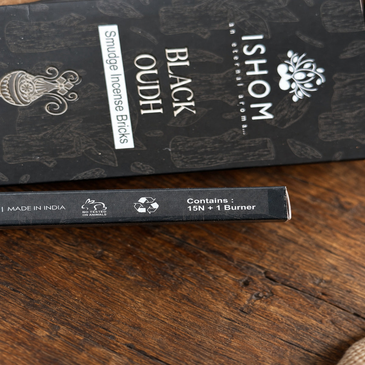 ISHOM Black Oudh incense packaging showing 15 bricks and one burner