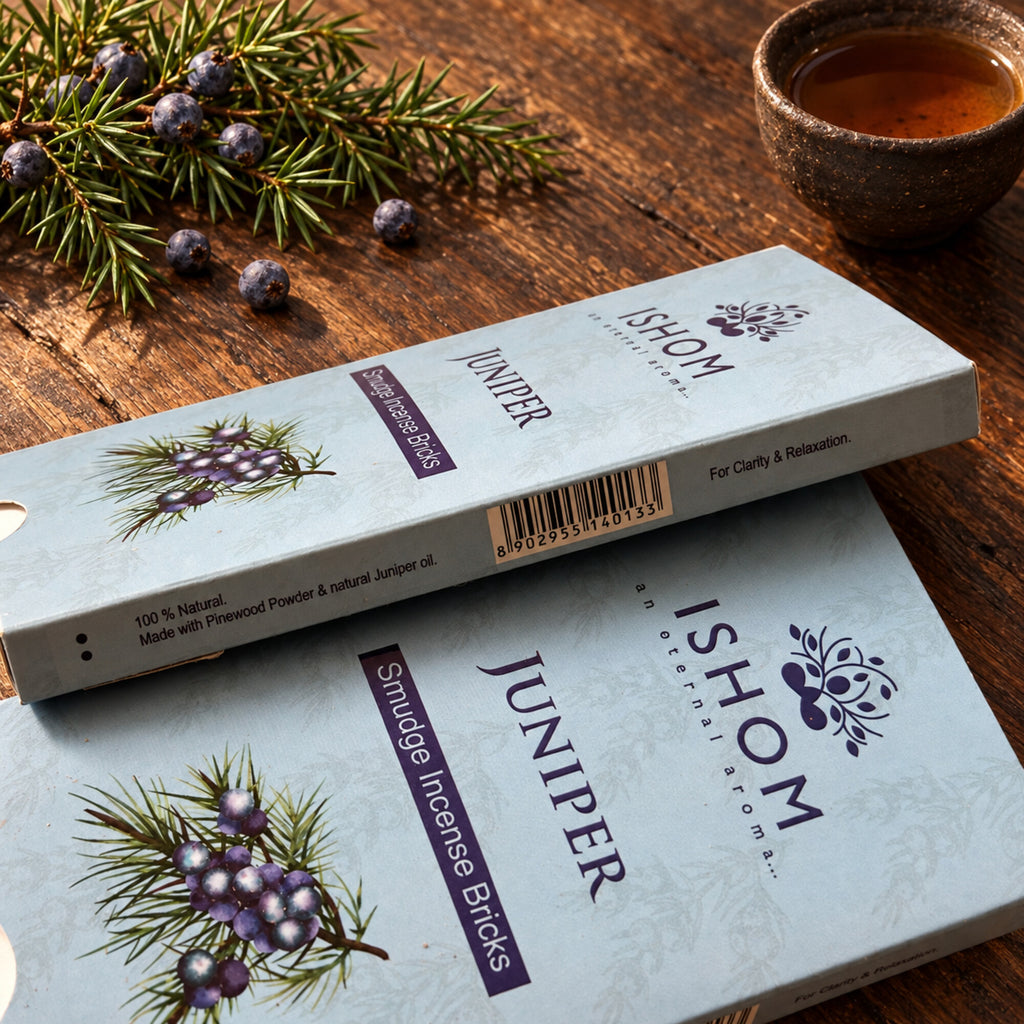 ISHOM Juniper smudge incense packaging made with pinewood powder and natural juniper oil