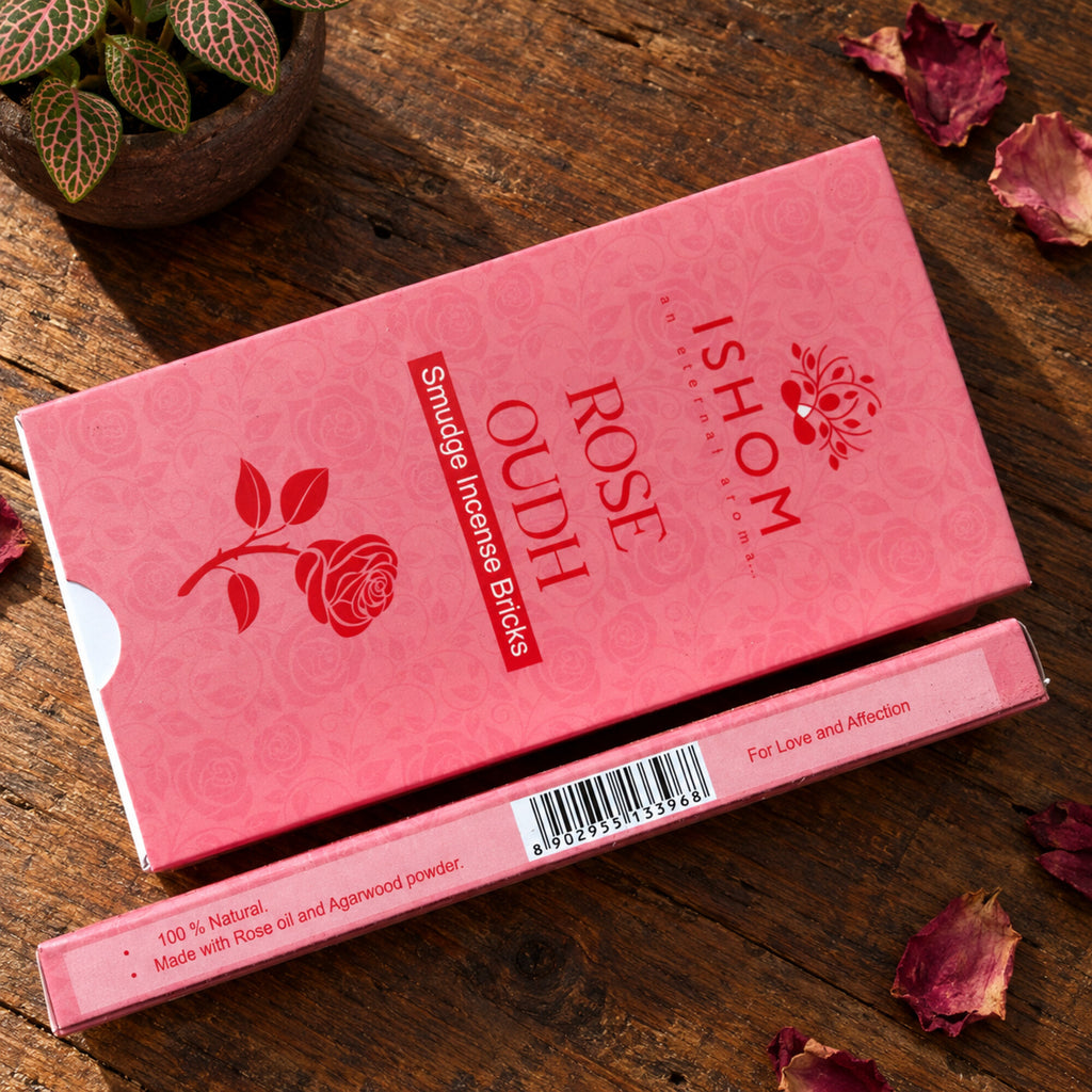 ISHOM Rose Oudh smudge incense packaging made with rose oil and agarwood powder