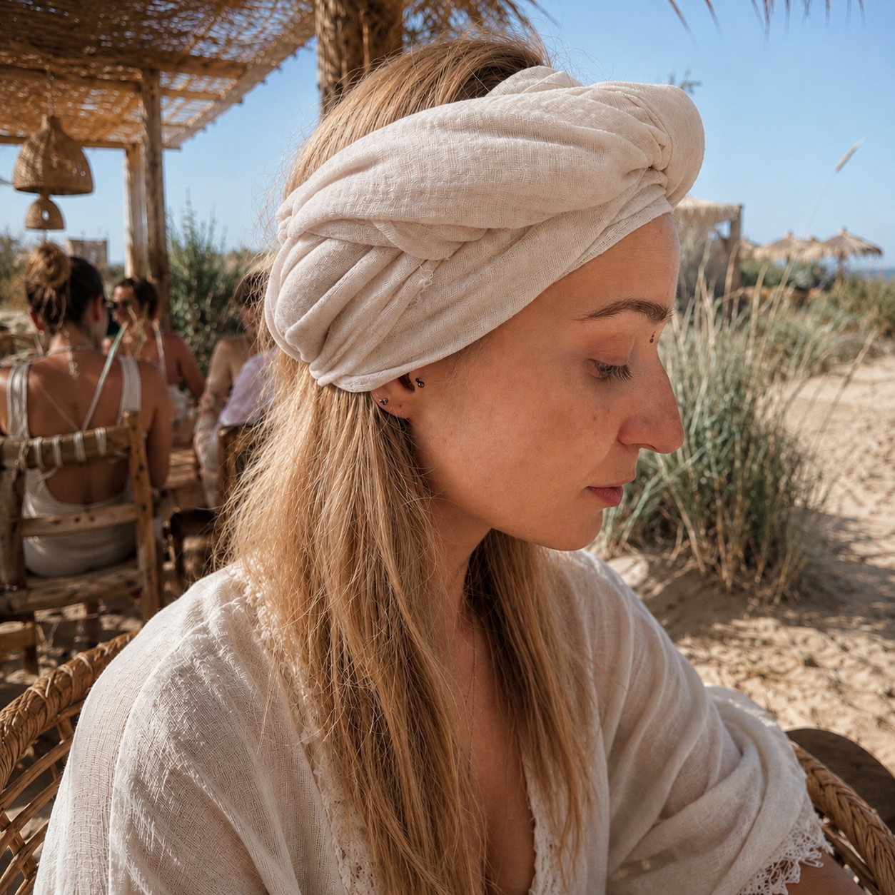 Ivory lightweight linen blend scarf styled as a bohemian head wrap at the beach.