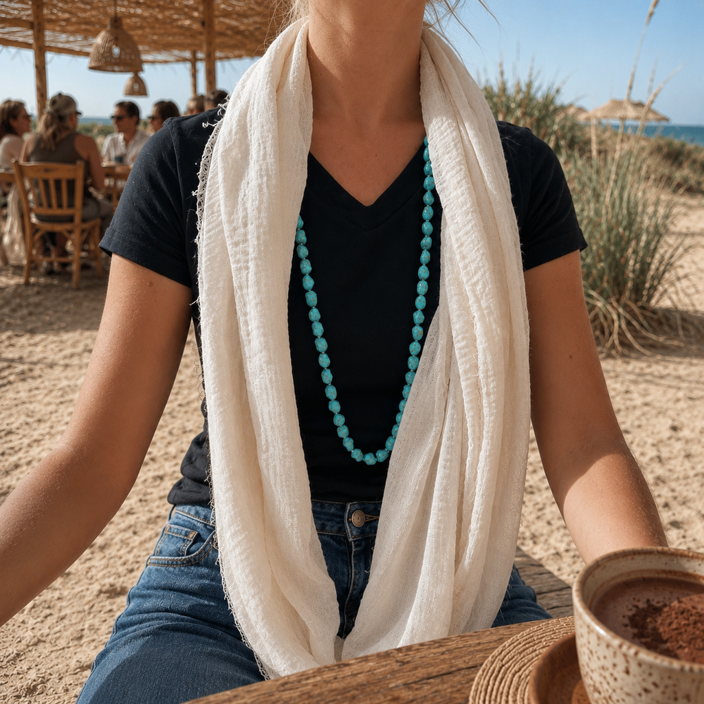 Ivory linen blend scarf worn loosely around the neck in relaxed beach styling. Model sitting outdoors with v neck tshirt and denim jeans 