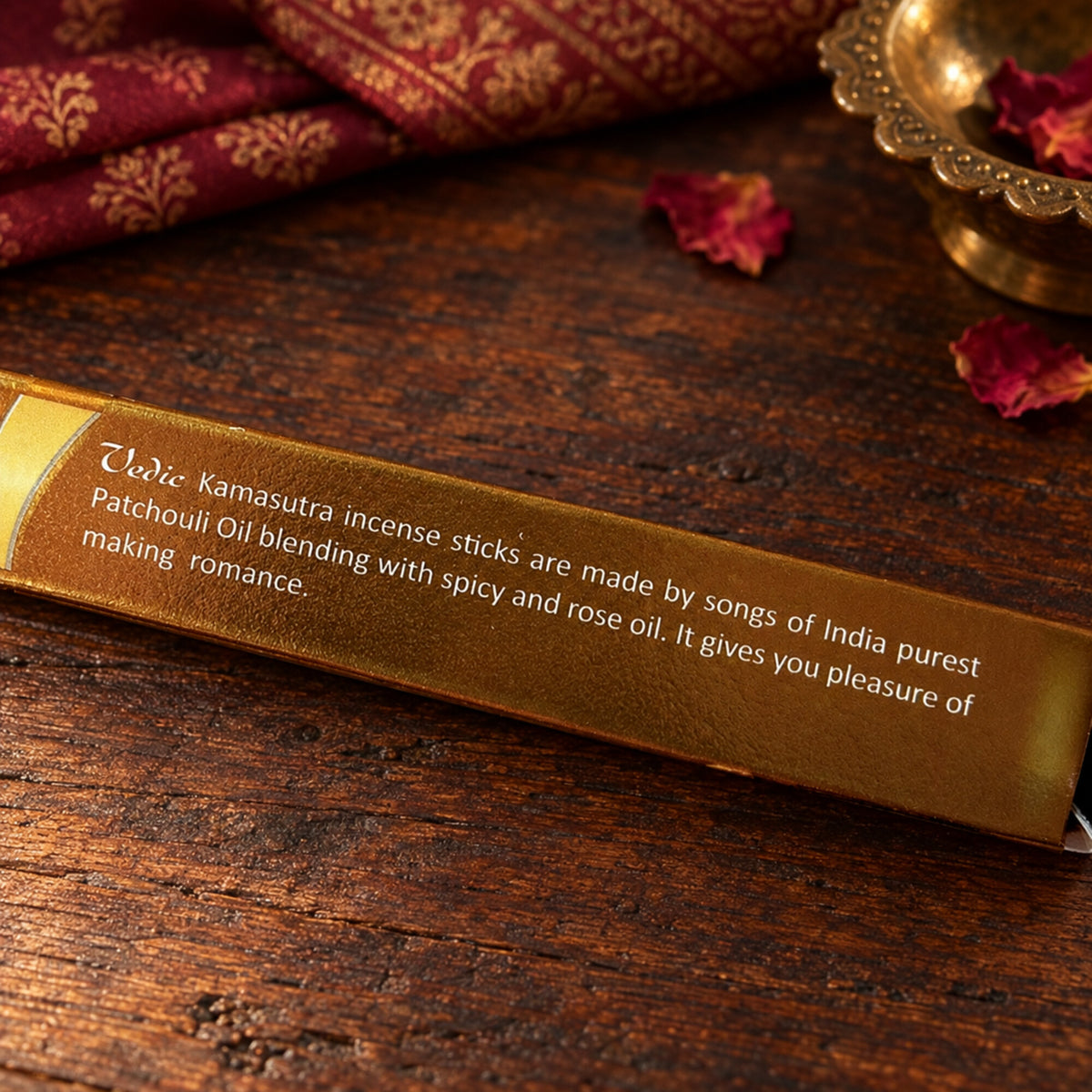 Aromatika Kamasutra incense packaging describing patchouli, spicy and rose fragrance notes