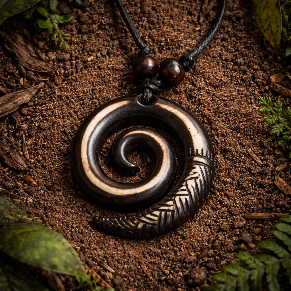 Close-up of a black/dark brown Koru-style spiral pendant with cream engraved detailing