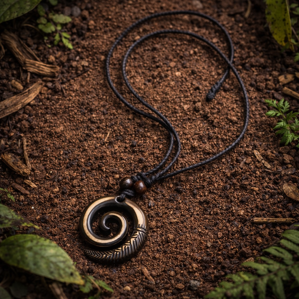 Black - dark brown Koru-style spiral pendant necklace on an adjustable black cor