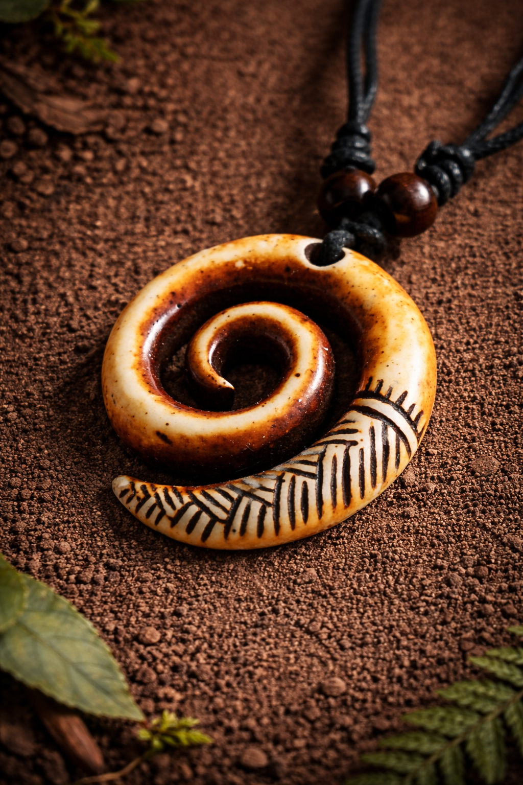Close-up of a cream and dark brown Koru-style spiral pendant necklace with brown beads