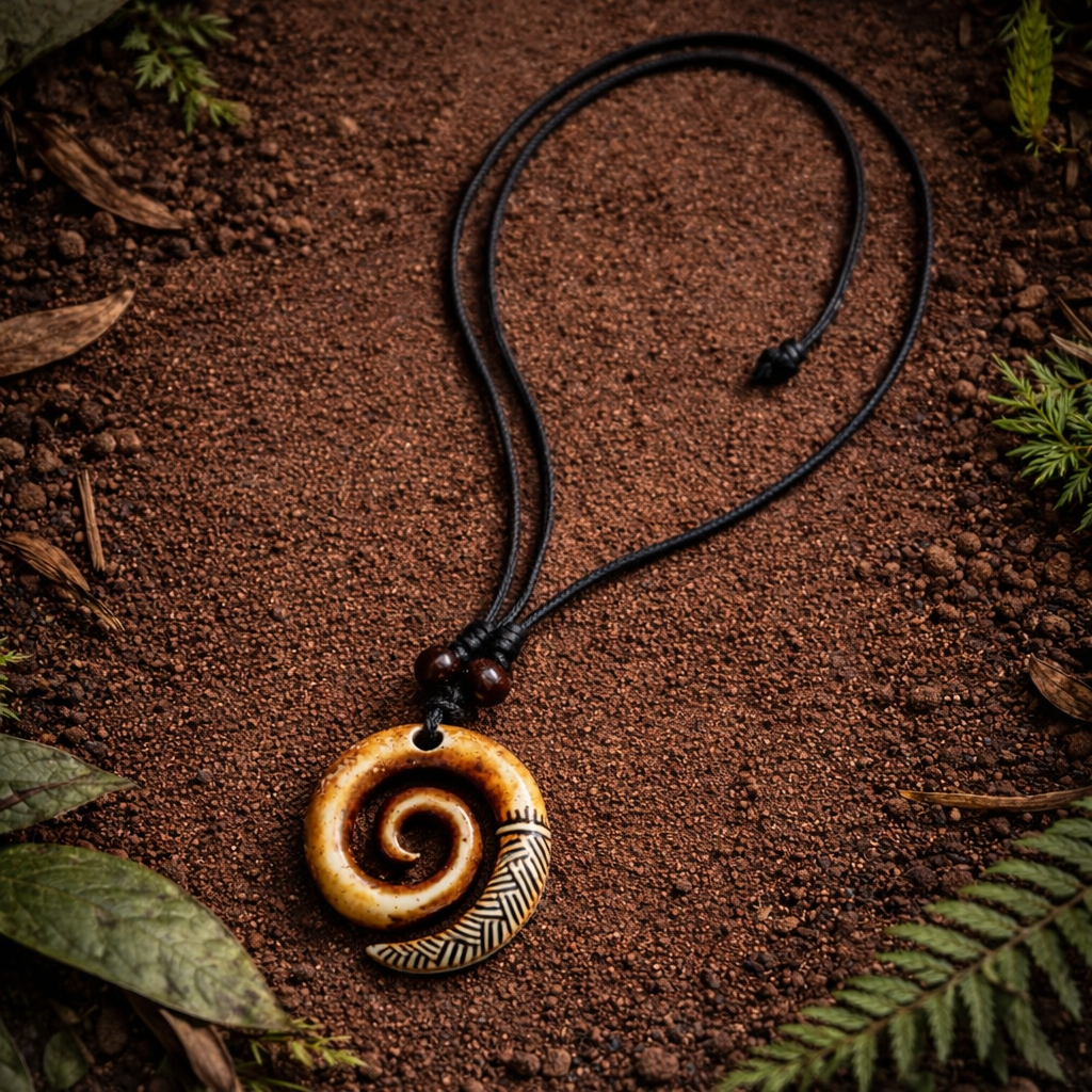 Cream and dark brown Koru-style spiral pendant necklace on an adjustable black cord