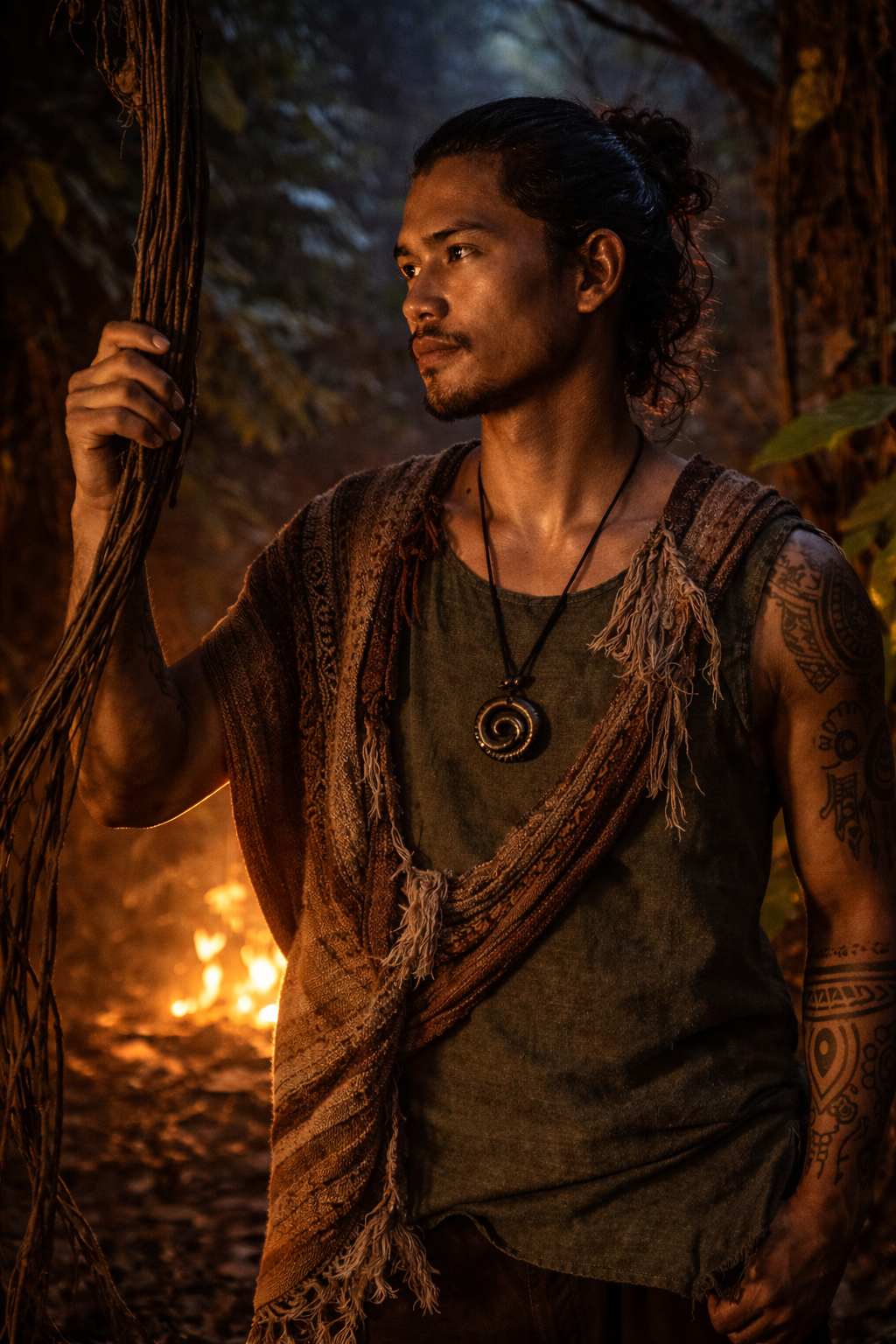 Model wearing a dark Koru-style spiral pendant necklace on an adjustable black cord. Festival or everyday wear.