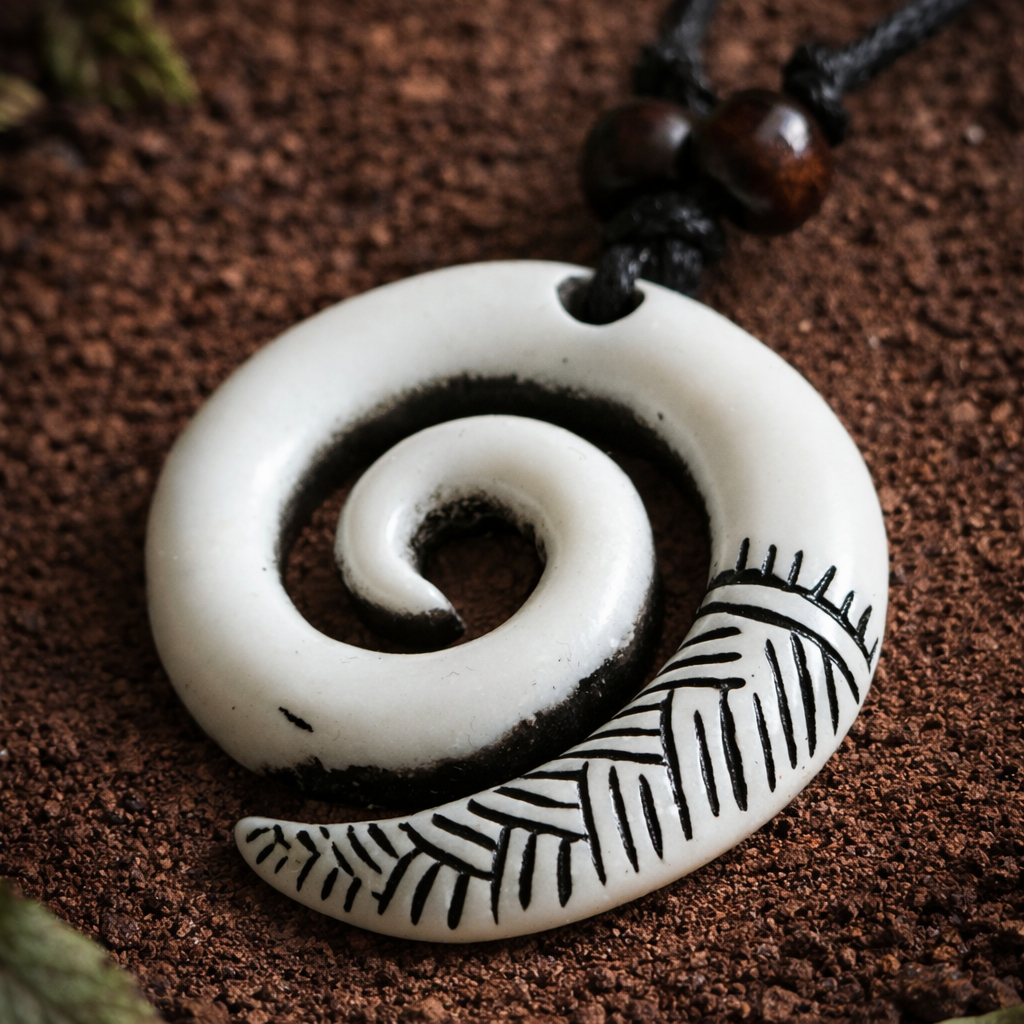 Close-up of a white Koru-style spiral pendant with dark engraved detailing