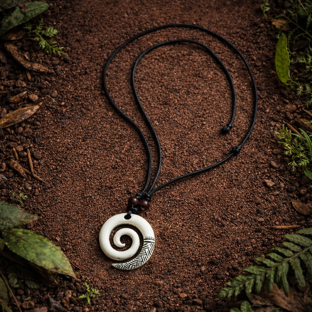 White Koru-style spiral pendant necklace on an adjustable black cord