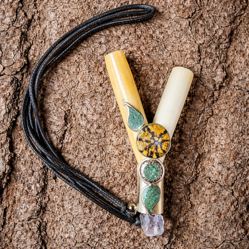 Kuripe Hapé self applicator with ivory- and amber-coloured tubes, green stone-look details and a crystal-look point